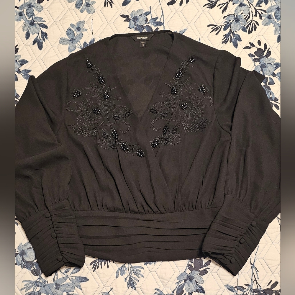 Express Black Beaded Embroidered Surplice Blouse Sheer Balloon Sleeve Top Medium